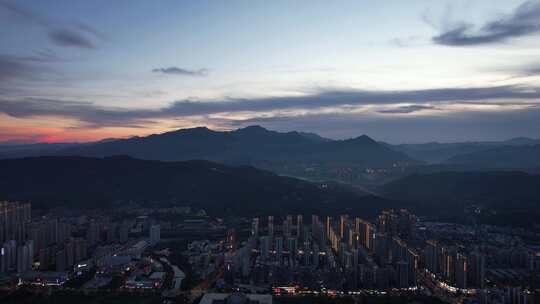 福建龙岩城市夜幕降临晚霞夜景灯光航拍