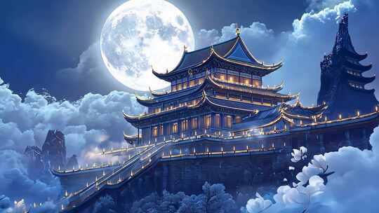 月下宫殿古风建筑梦幻夜景古代宫殿月光照耀