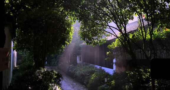 中式古典建筑 丁达尔唯美光影晨雾树林