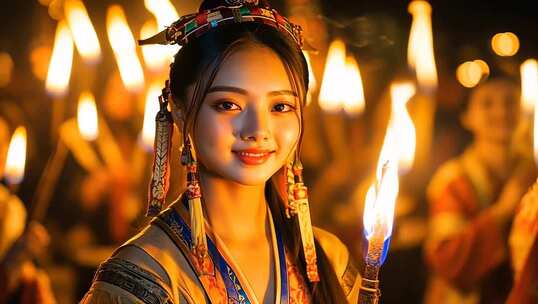 火光中的古风美女 夜幕下的火把节祭祀仪式