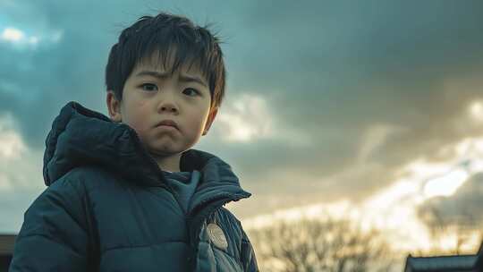 亚洲小男孩凝视天空下思索未来