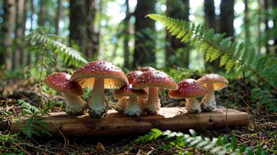 森林中木头上生长的蘑菇