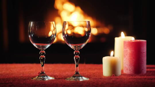 酒杯和蜡烛放在壁炉前的桌面上视频素材模板下载