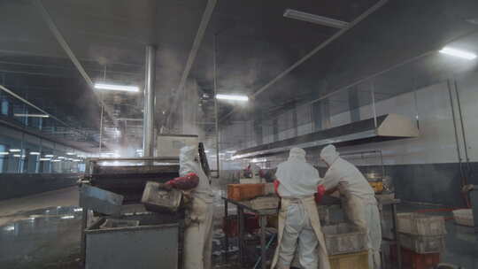 海参加工生产线工人在流水线上处理海鲜