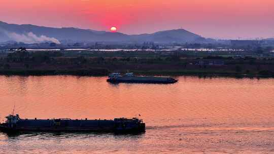 西江太阳落山轮船夕阳西下航拍素材