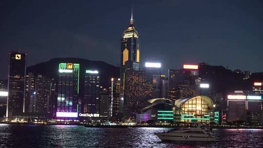 香港维多利亚港夜景延时 维港游船城市景观