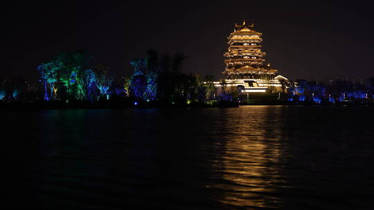 湖边古建筑夜景延时