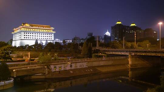 北京城东南角楼 东便门 护城河 古建筑 夜景视频素材模板下载