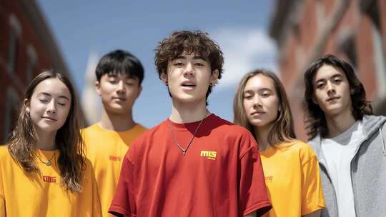 一群充满活力的年轻人在城市中合影