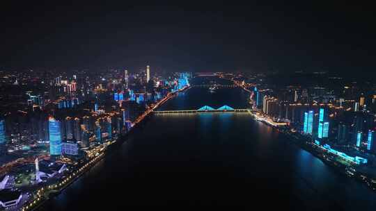 长沙夜景风光航拍湘江两岸滨江建筑灯光风景