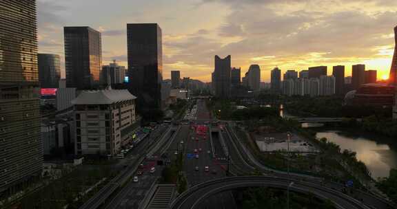 杭州城市交通中河高架环城北路夕阳航拍