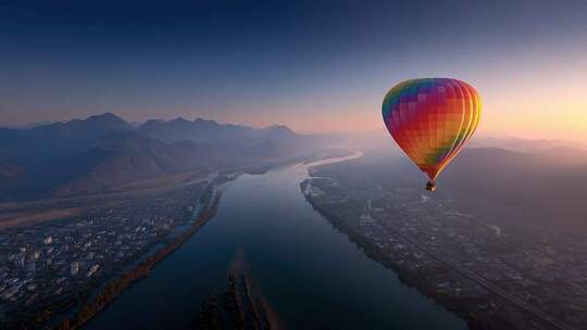 热气球飞跃城市河流山脉的壮丽景观