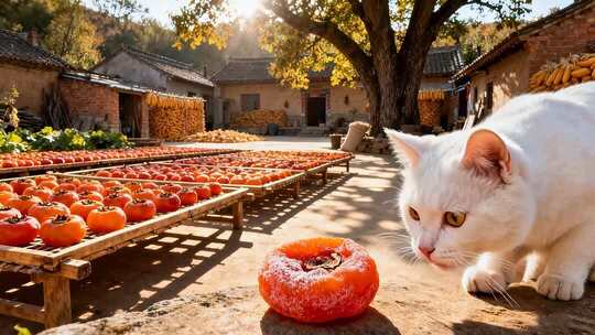 乡村院子白猫嗅柿饼素材