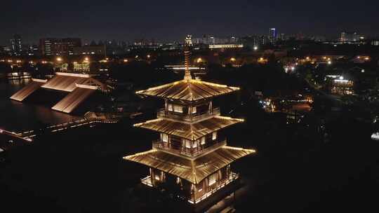 航拍上海松江广富林遗址夜景