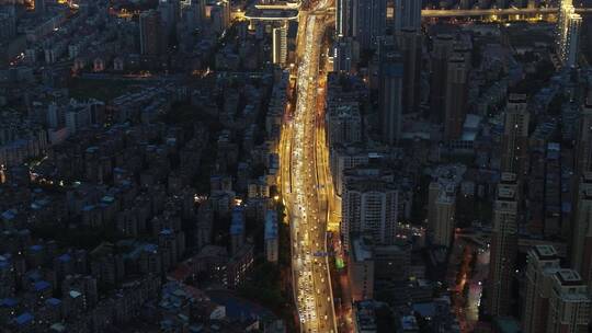 武汉航拍夜景马路路灯车灯高楼