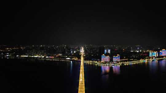 湖北襄阳襄樊长江大桥夜景交通航拍