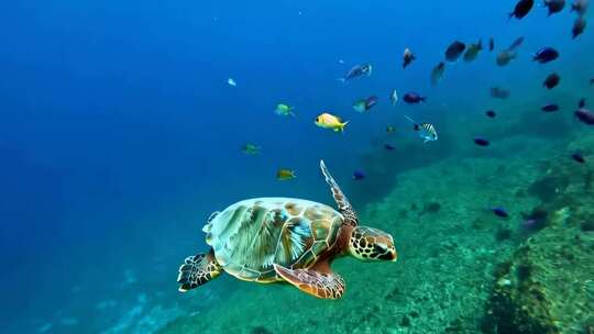 海洋海龟与群鱼共游画面