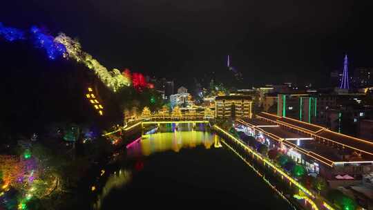 湖南怀化通道侗族风雨桥夜景航拍