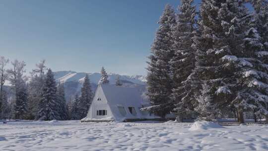 女人走向大雪覆盖的小木屋