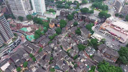 航拍重庆十八梯古建筑与城市高楼大厦