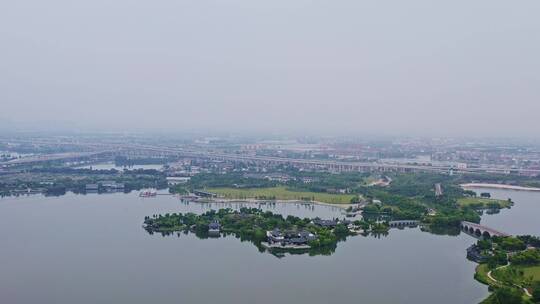 航拍绍兴迪荡湖公园全景,城市自然风光