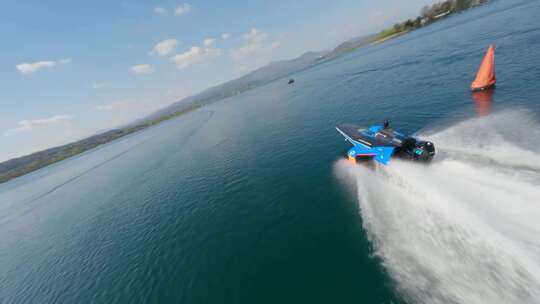 FPV无人机航拍快艇急速行驶全电动水翼赛艇视频素材模板下载