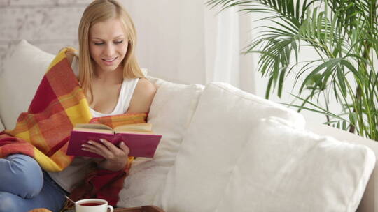 女人披毛毯坐在沙发上看书视频素材模板下载