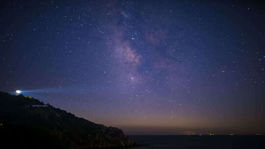 夜晚星空灯塔银河延时