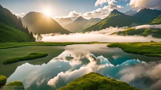 山间晨景湖泊草地与云雾