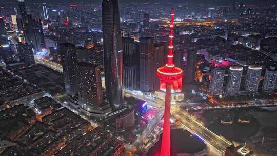 航拍沈阳城市夜景彩电塔