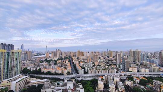 广州城市蓝天白云车流全景风光延时摄影