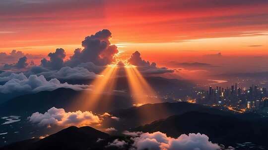 航拍落日晚霞延时 云 丁达尔效应4K