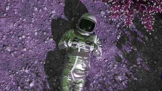 一个太空旅行者站在一片异形花海中，这是宇