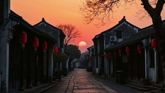 古街夕阳下的中式建筑