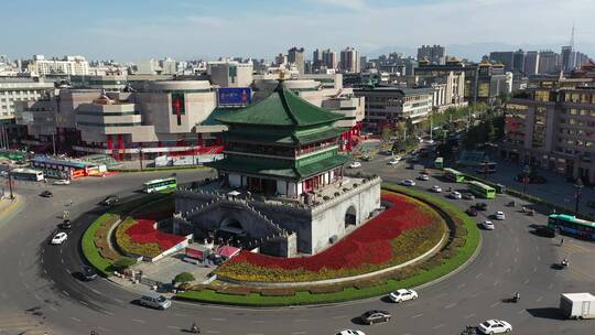 西安钟楼地标建筑城市风光航拍