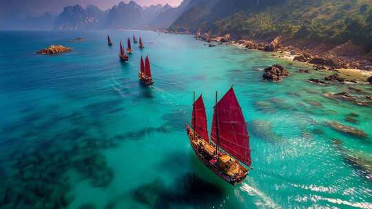 乘风破浪扬帆起航海鸥帆船航行海浪