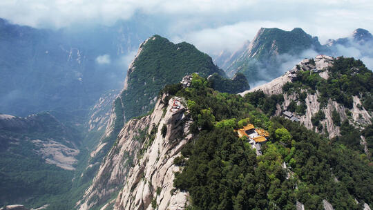 航拍西岳华山山顶寺庙与云海