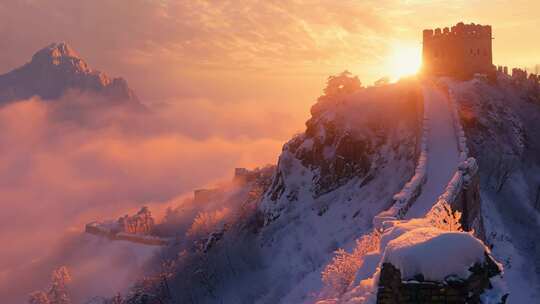 4K万里长城华夏文明冬天风景城墙冬季雪景