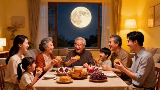 一家人中秋夜团聚吃月饼