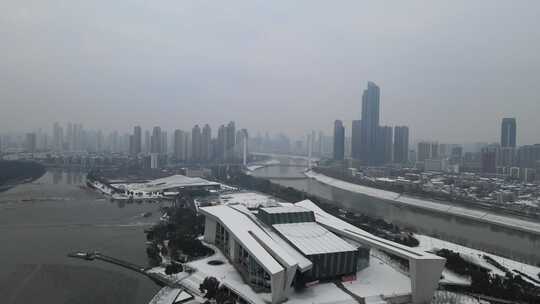 武汉汉阳区琴台大剧院雪景航拍