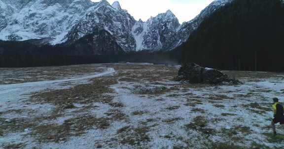 山，雪，景观，跑步者