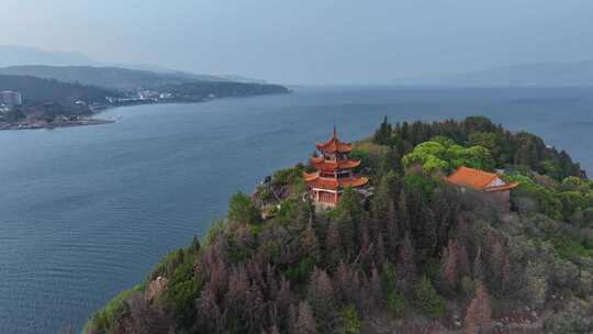 云南江川抚仙湖孤山风景区航拍自然风光