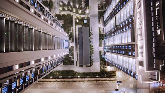 航拍夜晚新建楼盘高层住宅和景观绿化夜景