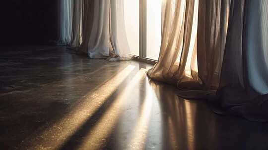 室内阳光透过窗帘洒入画面