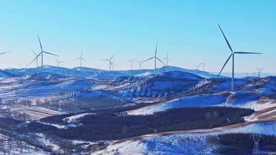 冬季承德丰宁坝上风电蓝天白云雪景航拍