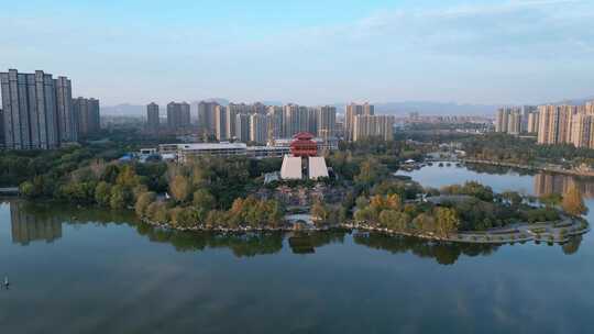 枣庄东湖公园中兴阁鲁南水城航拍片段