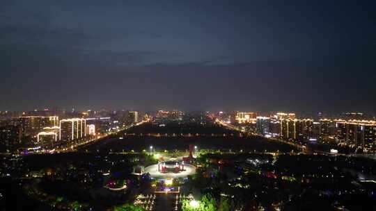 航拍河南商丘市日月湖景区夜景