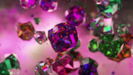 柔和粉色背景下翠绿色和多色调钻石的生动3