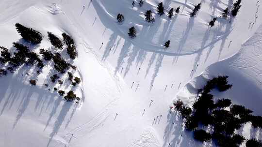 滑雪场山上人们滑雪和滑雪板的鸟瞰图。无人机飞越滑雪者