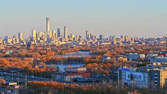 北京冬季国贸钟鼓楼北二环城市天际线夕阳